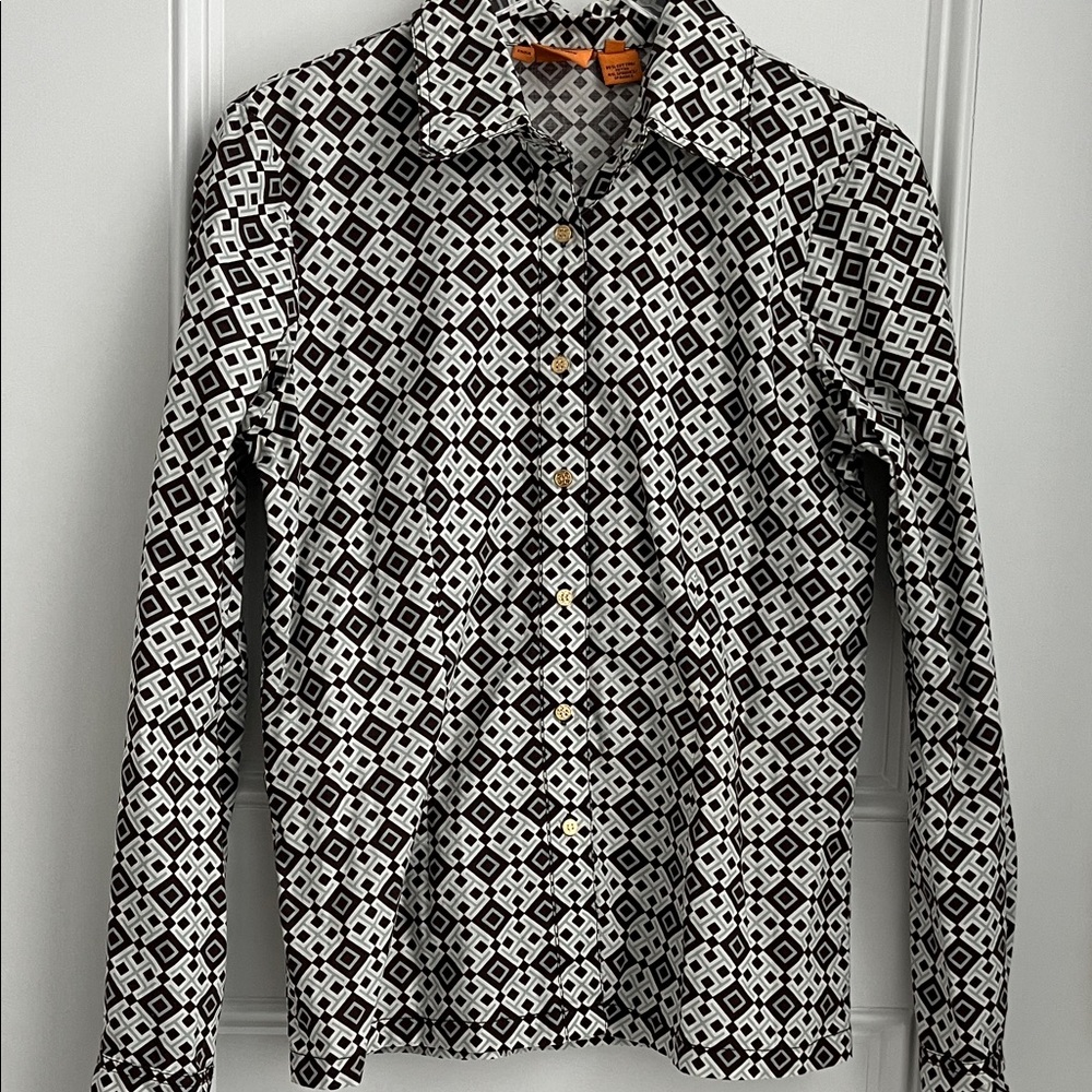 Tory Burch Brown, Pale Blue, and White T Logo Print Cotton Shirt